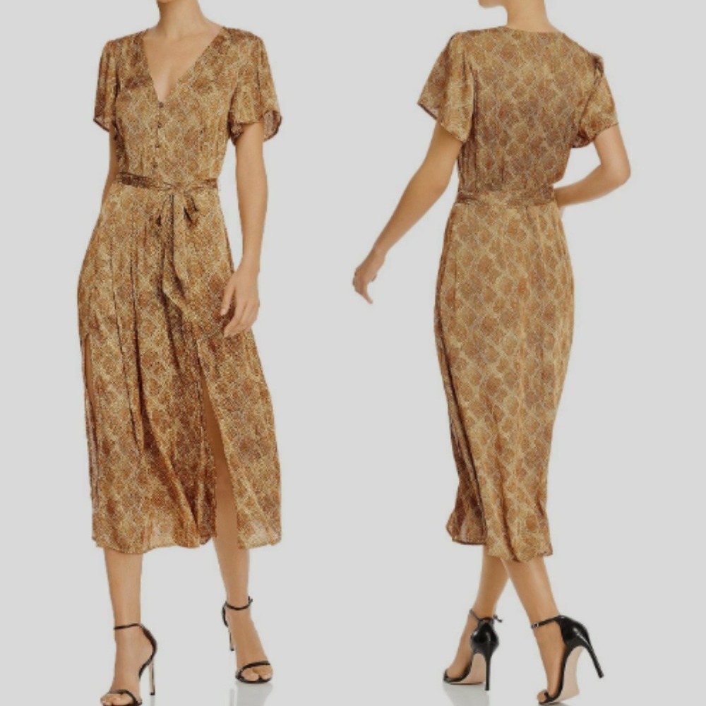 PAIGE Alayna Snakeskin Print Belted Dress In Bronze Size XL Short Sleeve Chic